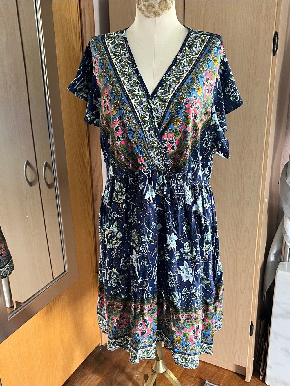 SHEIN Navy Floral V-Neck cross front bohemian Mini Dress with Multicolor Border